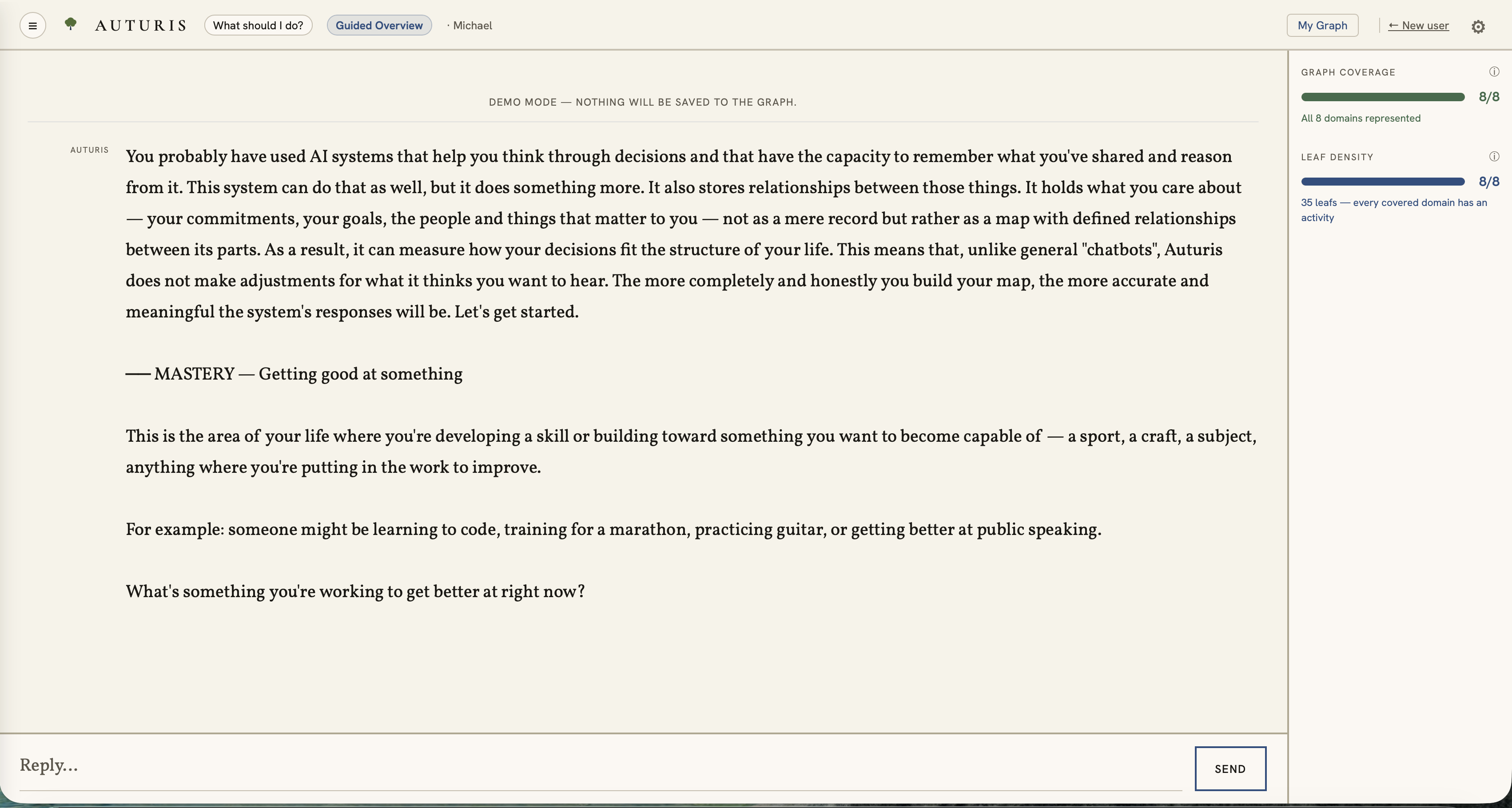 The Build tool: a guided conversation building the personal knowledge graph, introducing Mastery — 'getting good at something' — as one of the eight domains it covers