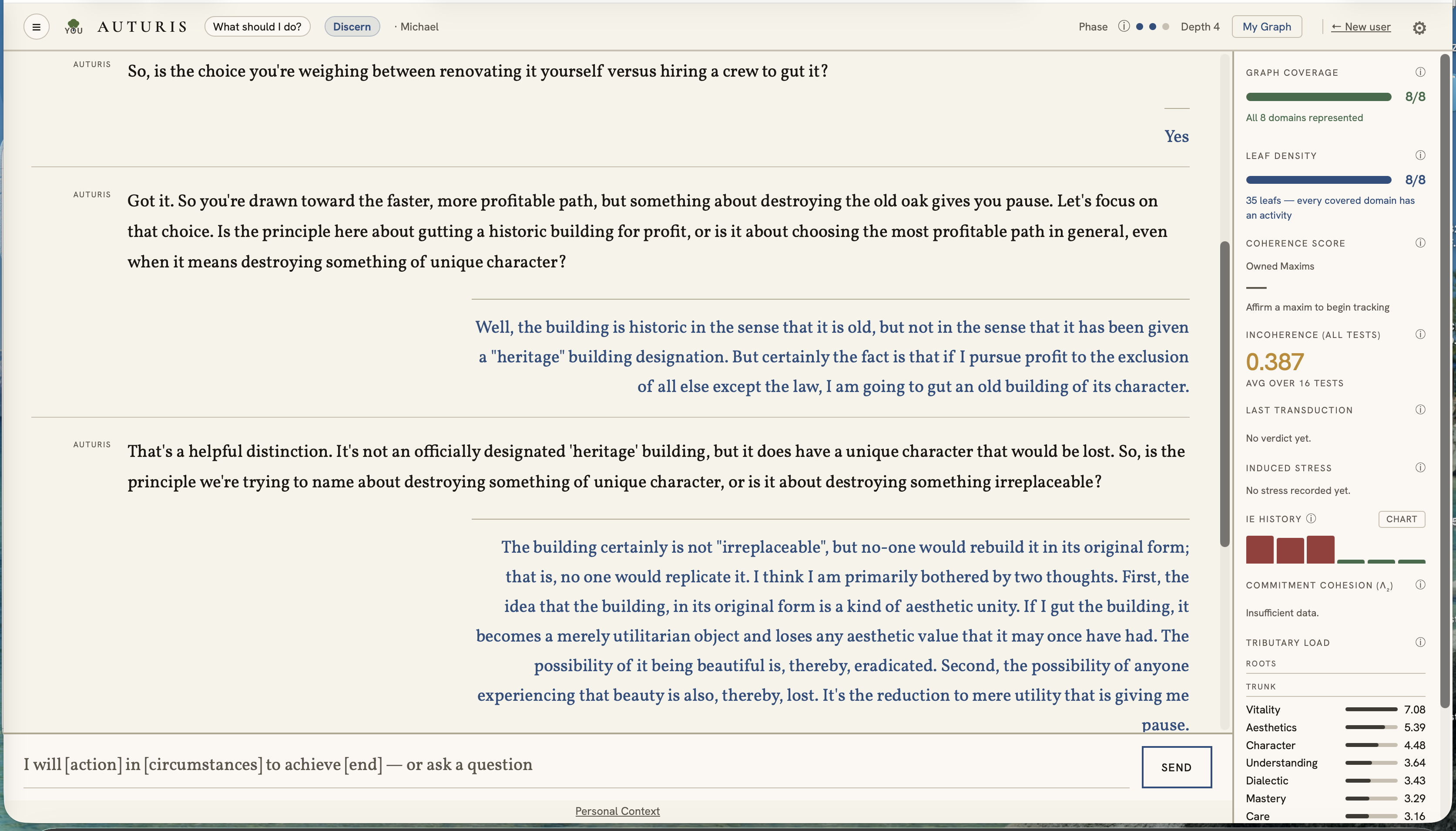 A Discern session mid-dialogue, with the sidebar showing a live incoherence score and a Root-by-Root breakdown of how the conversation is loading the graph