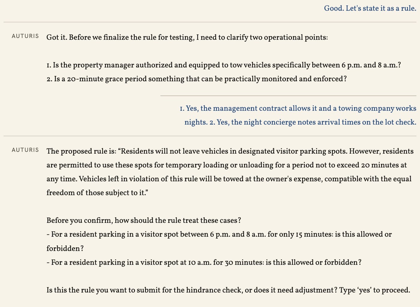Discern with a condo board: after checking who can enforce towing, it states the proposed rule as a bylaw, asks how two cases should be treated — a 15-minute stop at night, a 30-minute stop by day — and waits for the board to confirm before any check runs