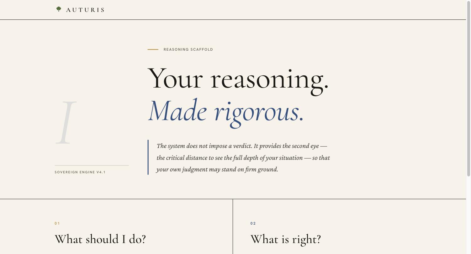 The Auturis entry screen, offering two starting questions: What should I do? and What is right?